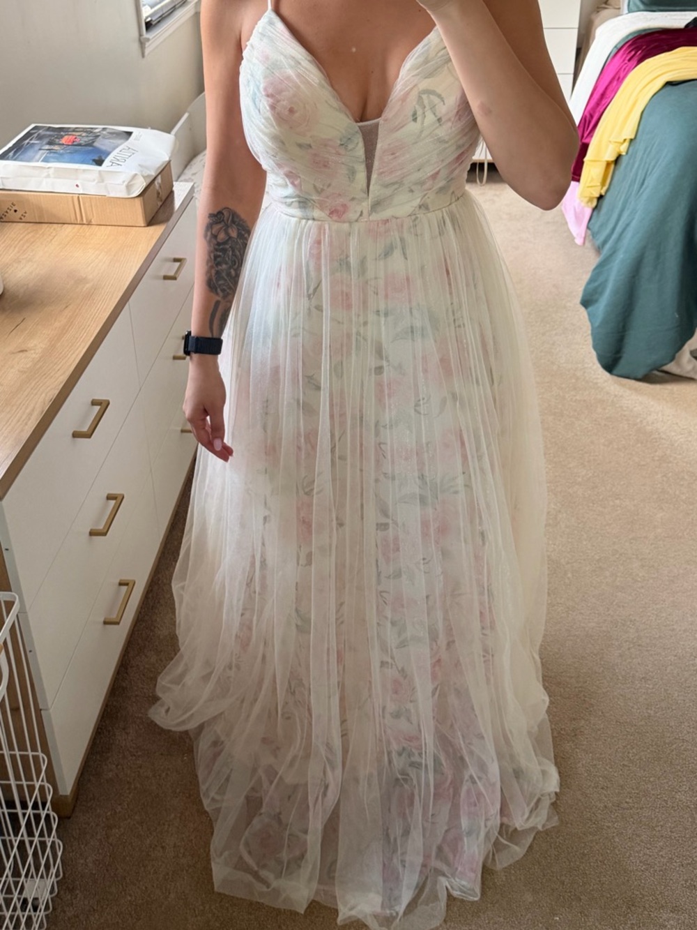 Elegant Floral Tulle Maxi Dress - Soft Pink/White